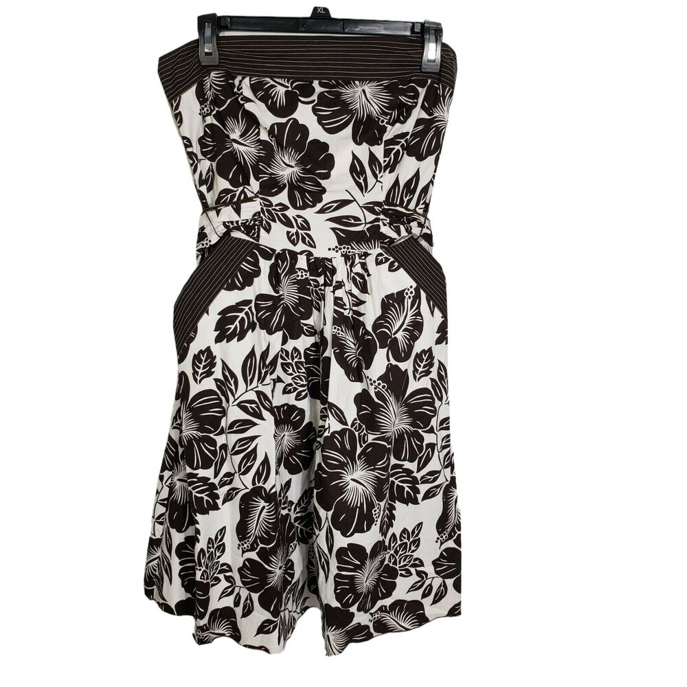 Studio Y Womens Strapless Dress Size 7 Floral Brown White Pockets Tie Back Knee